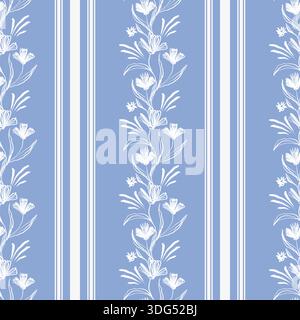 Carta a righe blu con motivo floreale senza cuciture minimalista per arredamento e tessuti. Lino semplice consistenza in cottagecore. Foto Stock