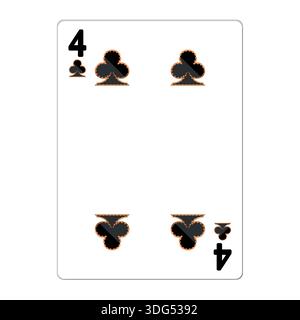 Quattro di club. Carta da gioco con elementi dorati. Icone del casinò. Pittogrammi che rappresentano tute diverse. Illustrazione vettoriale. Design piatto per un look moderno Illustrazione Vettoriale