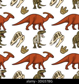Modello vettoriale senza cuciture di dinosauri cartoni animati, teschi fossili e impronte Illustrazione Vettoriale