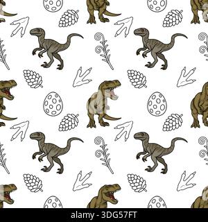 Adorabile illustrazione vettoriale di dinosauro senza cuciture con impronte, uova e pineconi per bambini Illustrazione Vettoriale