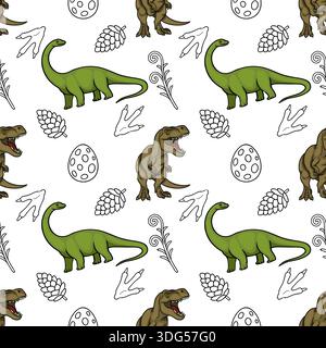 Schema vettoriale senza interruzioni di dinosauri giocosi, impronte, uova e piante preistoriche Illustrazione Vettoriale