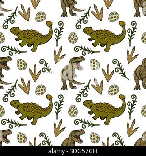 Modello vettoriale senza cuciture di simpatici dinosauri cartoni animati, uova e impronte con piante preistoriche. Illustrazione Vettoriale