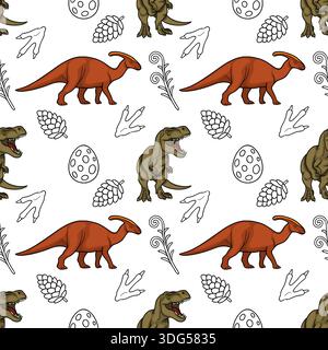 Modello vettoriale senza cuciture di dinosauri cartoni animati, impronte, uova e piante preistoriche Illustrazione Vettoriale