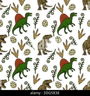 Modello vettoriale senza interruzioni di simpatici dinosauri cartoni animati, impronte, uova e piante preistoriche Illustrazione Vettoriale