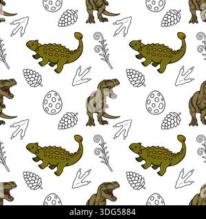 Adorabile illustrazione vettoriale di dinosauri con uova, impronte e piante preistoriche Illustrazione Vettoriale