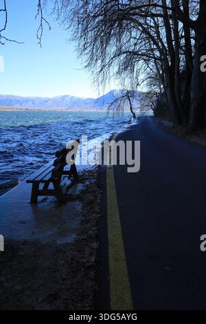 Una panchina di legno solitaria si trova ai margini di una strada lungo il lago Orestiada, bagnato dal vento, a Kastoria, in Grecia. Foto Stock