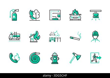 Vigili del fuoco - serie di icone di stile di progettazione della linea Illustrazione Vettoriale