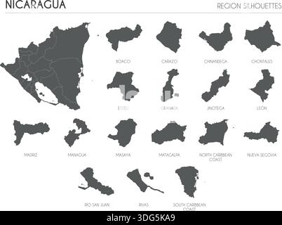 Set di silhouette della regione del Nicaragua e mappa vuota del paese isolata su sfondo bianco. Disegno dell'illustrazione vettoriale Illustrazione Vettoriale