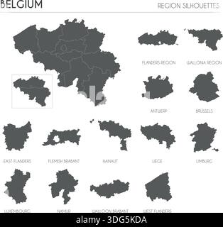 Set di sagome della regione del Belgio e mappa vuota del paese isolato su sfondo bianco. Disegno dell'illustrazione vettoriale Illustrazione Vettoriale