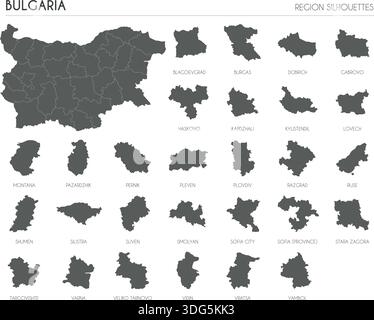 Set di sagome della regione della Bulgaria e mappa vuota del paese isolato su sfondo bianco. Disegno dell'illustrazione vettoriale Illustrazione Vettoriale