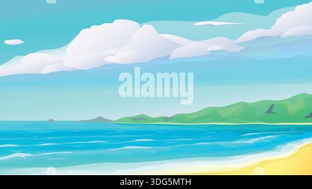 una spiaggia tropicale soleggiata con mare blu Illustrazione Vettoriale