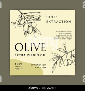 Design etichetta olio d'oliva. Emblema naturale del prodotto vegetale con ramoscello trafilato a mano con foglie e bacche, elemento botanico da schizzo. Cibo biologico fresco di lusso. Modello creativo minimalista di packaging vettoriale Illustrazione Vettoriale