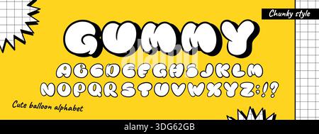 Carattere bolla. Alfabeto palloncino anno 2000. Lettera di tipografia cloud 3D o testo gengivale in inglese. Tipografia simpatica liquida e funky. Pagina di carta per appunti. Composizione grafica. Graffiti l Illustrazione Vettoriale