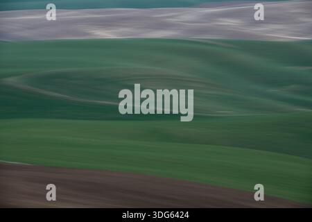 Foto di paesaggi astratti utilizzando il movimento intenzionale della fotocamera per creare sfocature in movimento su colline verdi ondulate e campi agricoli. Foto Stock