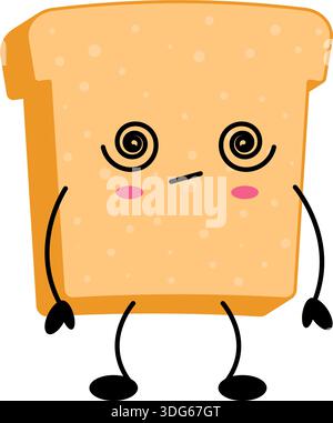 Simpatico personaggio del pane tostato kawaii con gli occhi vertiginosi in stile cartoni animati, ottimo per i temi della colazione, gli adesivi per il cibo e i divertenti design della cucina. Illustrazione Vettoriale