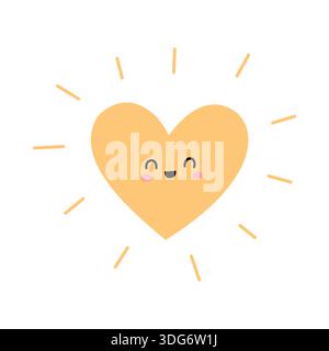 Carino cuore giallo con un viso sorridente e raggi del sole in semplice stile piatto. Perfetto per biglietti di San Valentino, adesivi, design per bambini e brand positivi Illustrazione Vettoriale