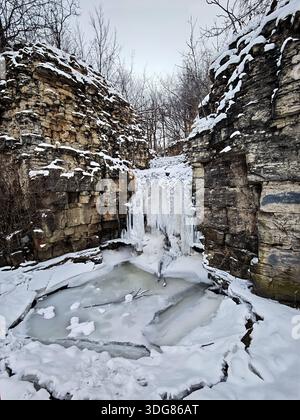 Cascata ghiacciata che si tuffa attraverso la scogliera rocciosa e si trasforma in un laghetto ghiacciato crollato coperto di neve fresca e paesaggio forestale invernale. Foto Stock
