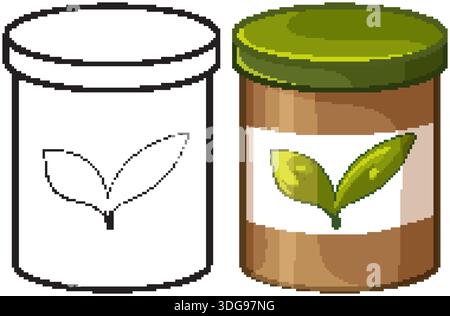 Un vasetto cilindrico per alimenti mostrato in stile cartone animato colorato e una semplice versione con contorno nero Illustrazione Vettoriale