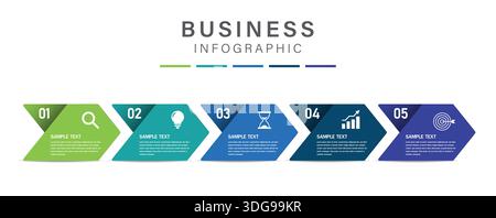 5 etichette infografiche di processo con il modello di design delle icone. Pianificazione, marketing, strategia e presentazione aziendale. Illustrazione vettoriale. Illustrazione Vettoriale