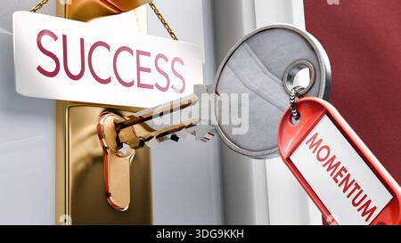 Lo slancio porta al successo: È la chiave per sbloccare il successo. Una metafora della chiave della porta che mostra come lo slancio sia una chiave per accedere al successo. E' un eleme necessario Foto Stock