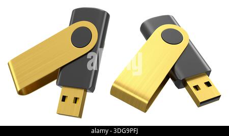 Unità flash USB portatile blu isolata su sfondo bianco. Rendering 3D degli accessori per lo spazio di lavoro di casa Foto Stock