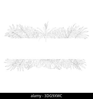 Foglie di palma e monstera, schizzo in bianco e nero. Illustrazione vettoriale. L'albero tropicale lascia striscione rettangolare isolato su sfondo bianco. Verde Illustrazione Vettoriale