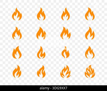 Set di 16 icone di fiamma arancioni isolate su sfondo trasparente. Profili antincendio vettoriali per progettazione di energia, prodotti caldi e sicurezza dei rischi Illustrazione Vettoriale