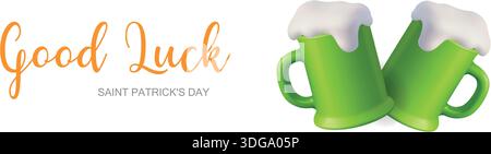 Striscione di buona fortuna con due tazze da birra verdi per il giorno di San Patrizio Illustrazione Vettoriale