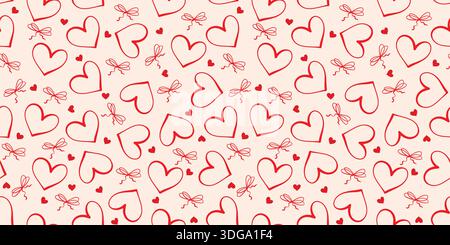 Love Pattern con Nubes e Ribbons. Cuore disegnato a mano con design ad arco. Buon San Valentino sfondo perfetto per inviti, biglietti, stampe, abbigliamento Illustrazione Vettoriale
