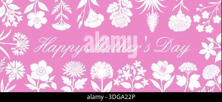 Cartolina con fiori bianchi su sfondo rosa. Buona festa della mamma disegnata a mano. Non vettore IA Illustrazione Vettoriale