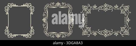 Cornici decorative disegnate a mano con scorrevoli e dettagli floreali in stile barocco e rococò. Eleganti bordi vintage per il lusso Illustrazione Vettoriale