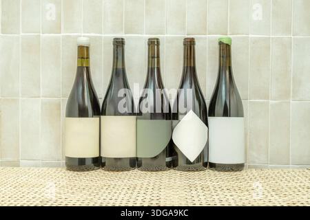 Vista frontale di una collezione di bottiglie di vino assortite, complete e sigillate, fissate in una disposizione geometrica a una parete, simulando un ripiano invisibile. Foto Stock