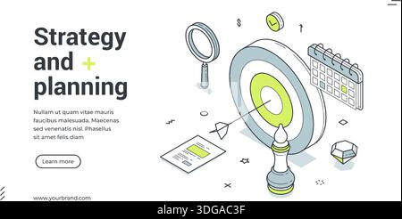 Banner Web per la strategia e la pianificazione aziendale. Modello di illustrazione vettoriale isometrica. Design moderno con obiettivo, scacchi e calendario per il raggiungimento degli obiettivi Illustrazione Vettoriale