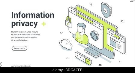 Banner Web per la privacy delle informazioni. Illustrazione vettoriale isometrica della protezione dei dati. Modello moderno per una landing page di sicurezza informatica con profilo utente Illustrazione Vettoriale