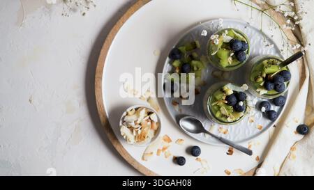 Un brillante colpo dall'alto di budini di chia con aggiunta di frutta su un piatto bianco testurizzato. La disposizione presenta kiwi verdi vibranti, mirtilli freschi e t Foto Stock