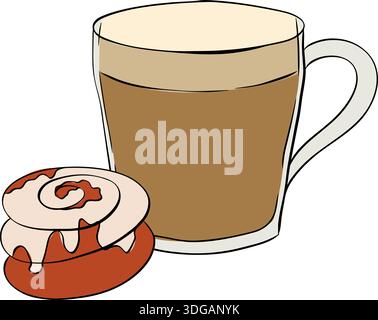 Illustrazione vettoriale della tazza di carta da caffè usa e getta da asporto con composizione in rotolo di cannella smaltato illustrazione disegnata a mano. Linea grafica vettoriale Illustrazione Vettoriale