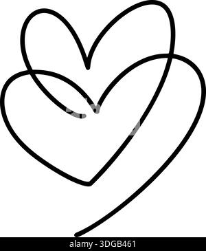 Disegno con linee nere con due cuori vettoriali sovrapposti. Simboleggiando la connessione, la collaborazione e l'affetto Illustrazione Vettoriale