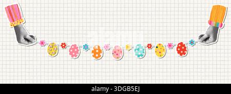 Simpatico e colorato accatastamento di Pasqua vettoriale con uova e fiori, sfondo illustrativo in stile collage a mezzaluna Illustrazione Vettoriale