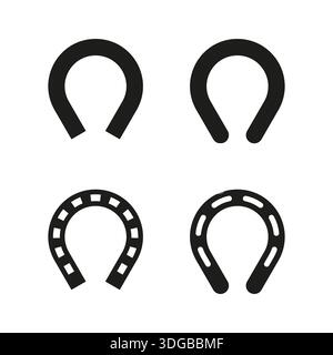 Icona della fortuna a ferro di cavallo. Scarpa per il piede di cavallo. Talismano set Vector. Forma di ferro nera. EPS 10. Illustrazione Vettoriale