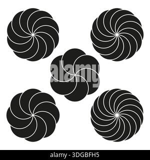 Set di spirali per fiori. Icona nera della turbina. Vettoriale a petali di turbolenza. Forma di rotazione geometrica. EPS 10. Illustrazione Vettoriale