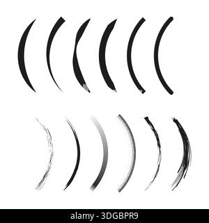 Set di linee curve. Tratto del pennello art. Vector a forma di Swoosh. Turbolenza dell'inchiostro calligrafico. EPS 10. Illustrazione Vettoriale