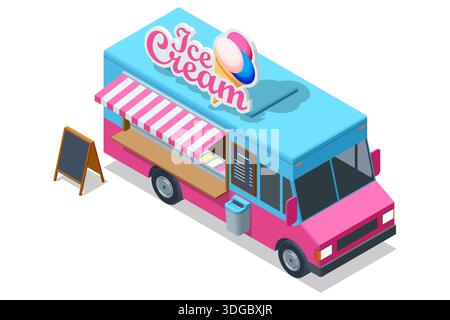 Camion per gelati. Illustrazione isometrica di un carrello per gelati con vetrina di servizio e cartello, colorato veicolo per dessert per le vendite in strada Illustrazione Vettoriale