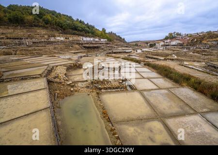Antico complesso di saline e terrazze di evaporazione per la produzione di sale, che formano un paesaggio culturale unico nell'anana, Paesi baschi, che mostra tr Foto Stock