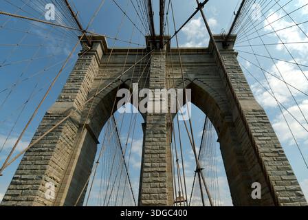 Il ponte di Brooklyn, costruito nel 1883, è il primo ponte sospeso costruito in acciaio e si affaccia sui grattacieli di Manhattan, la grande Mela. Foto Stock