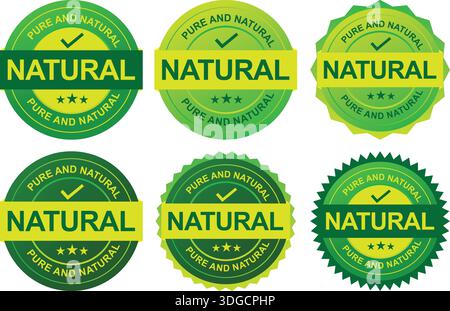 Distintivi di prodotti naturali con segno di spunta e testo puro e naturale Illustrazione Vettoriale