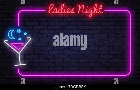 Cornice da sera al neon da donna con scritta elegante e icona cocktail. Il soffice bagliore crea un'atmosfera festosa per gli eventi bar. Illustrazione Vettoriale