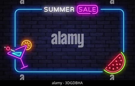 Cornice estiva al neon con icone di cocktail e anguria su sfondo in mattoni. Fresh Glow funziona bene per le promozioni stagionali e gli annunci al dettaglio. Illustrazione Vettoriale
