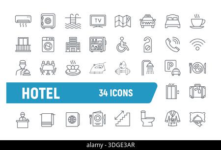 Set di icone della linea vettoriale dell'hotel. Palestra di cortesia, servizio nella hall. Hotel di lusso con un profilo minimale Illustrazione Vettoriale