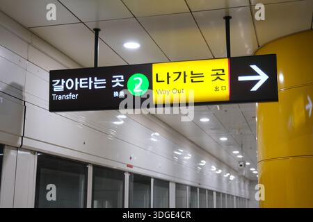 Seoul, Corea del Sud: Cartello di trasferimento e uscita all'interno della moderna stazione della metropolitana con indicazioni bilingue Foto Stock