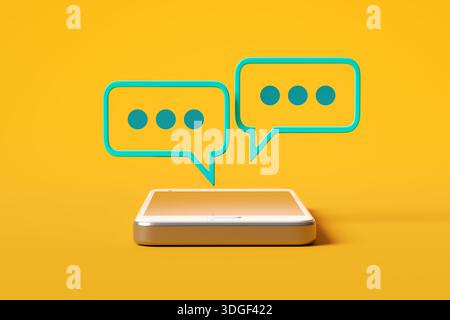 Smartphone oro che scambia messaggi con due bolle turchesi che fluttuano sopra di esso su uno sfondo giallo Foto Stock